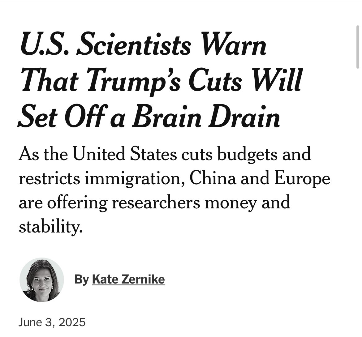 mcitraningrum's tweet image. Seorang pemenang Nobel kena “efisiensi” dana riset.

Ngepost di fesbuk, dalam hitungan jam dapet email dari Tiongkok: pindah aja ke sini, kota dan univ bebas, biaya riset 20 tahun dijamin.

Budaya “nggak percaya sains” ini makin 👀

nytimes.com/2025/06/03/us/…