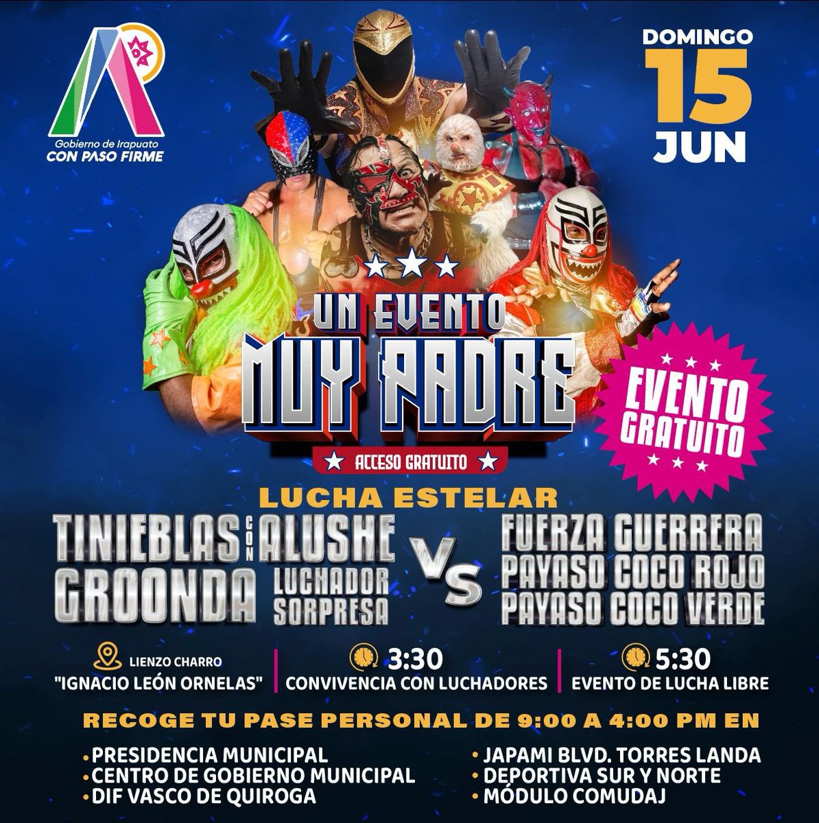 🎉 ¡Prepárate para vivir la emoción de “Un Evento Muy Padre”! 🤼‍♂️

Este Día del Padre, trae al rey de la casa y disfruten juntos de una tarde llena de adrenalina con las leyendas de la lucha libre… ¡totalmente gratis!

🎟️ No olvides recoger tus accesos en los puntos indicados 👇🏼