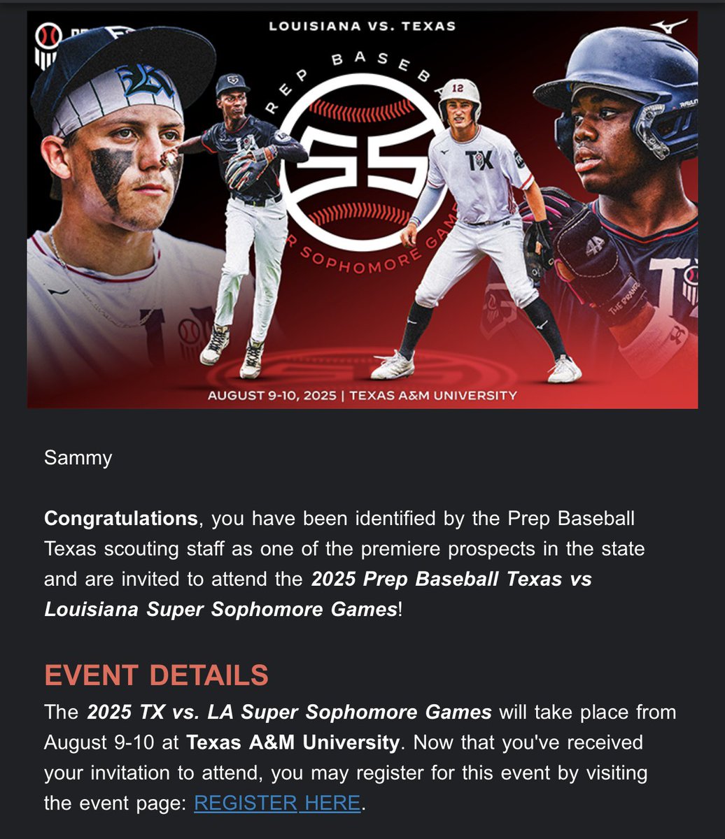 I appreciate the invite to attend the 2025 Texas &amp; Louisiana Sophomore Game at Texas A&amp;M. Thanks <a href="/PBRGowins/">Brandon Gowins</a> and <a href="/PrepBaseball_TX/">Prep Baseball Texas</a>. I’ll looking for to it.