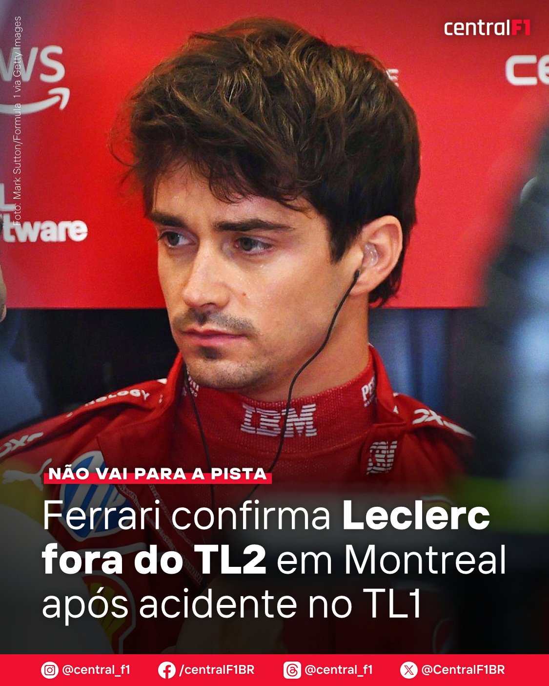 Central F1 on X: 🚨 Charles Leclerc não vai participar do TL2 em Montreal.  O chefe da Ferrari, Fred Vasseur, confirmou que o monegasco ficará de fora  da sessão por conta do