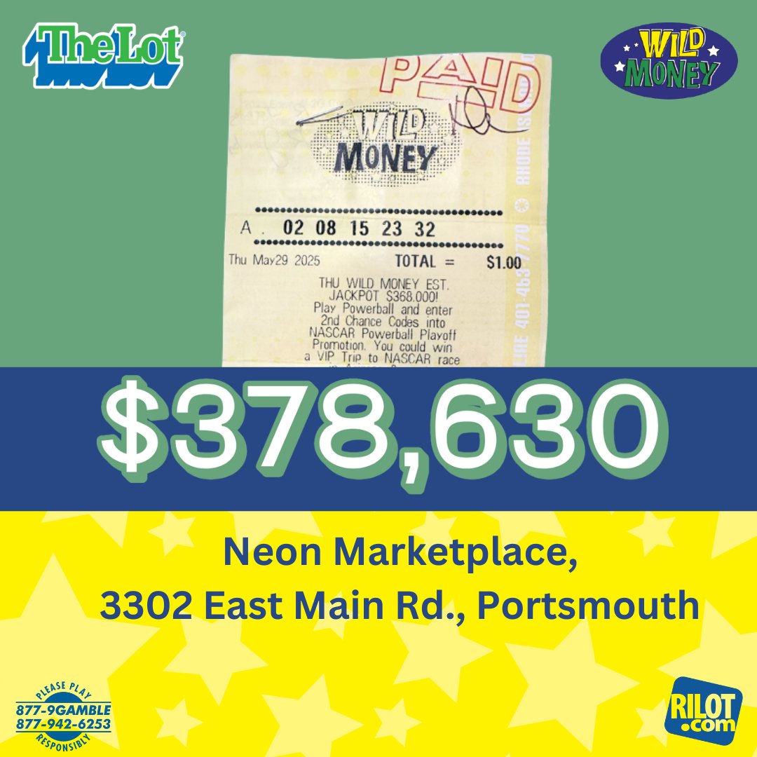 Portsmouth man claimed the $378,630 Wild Money jackpot from the 5/29 drawing! He bought the winning ticket at <a href="/neonmarketplace/">Neon Marketplace</a>, 3302 East Main Rd., Portsmouth &amp; said he's putting the $$ in the bank. Will this Friday the 13th be your lucky day?🍀
#RILottery #WildMoney #JackpotWin