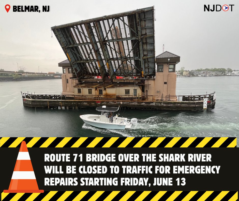NJDOT Traffic Advisory -- Route 71 Bridge over Shark River to be closed and detoured tonight for emergency repairs in Monmouth County. Read more: bit.ly/43ZVE22