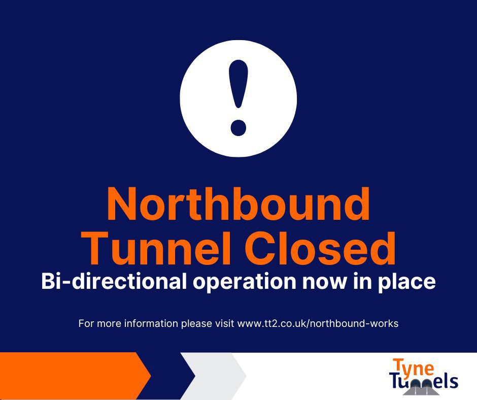 CUSTOMER NOTICE: The Northbound Tyne Tunnel is now closed until Monday morning for scheduled maintenance works.
 
The Southbound tunnel is operating in a bi-directional layout.
 
Learn more: tt2.co.uk/northbound-wor…