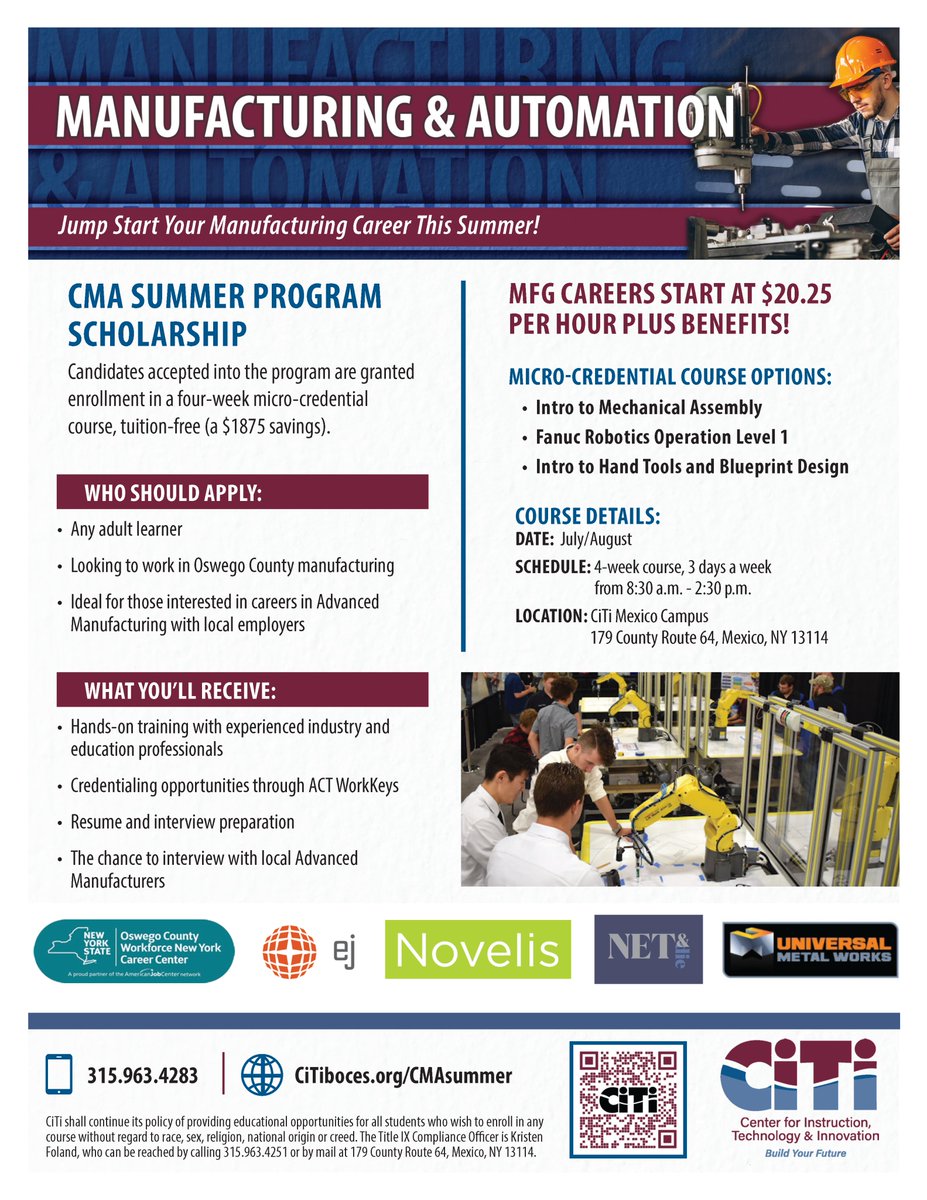 CiTi's Summer CMA Program is now open to any adult learner interested in starting a career in advanced manufacturing!

Apply now visiting CiTiboces.org/CMAsummer 🔗 #BuildYourFuture