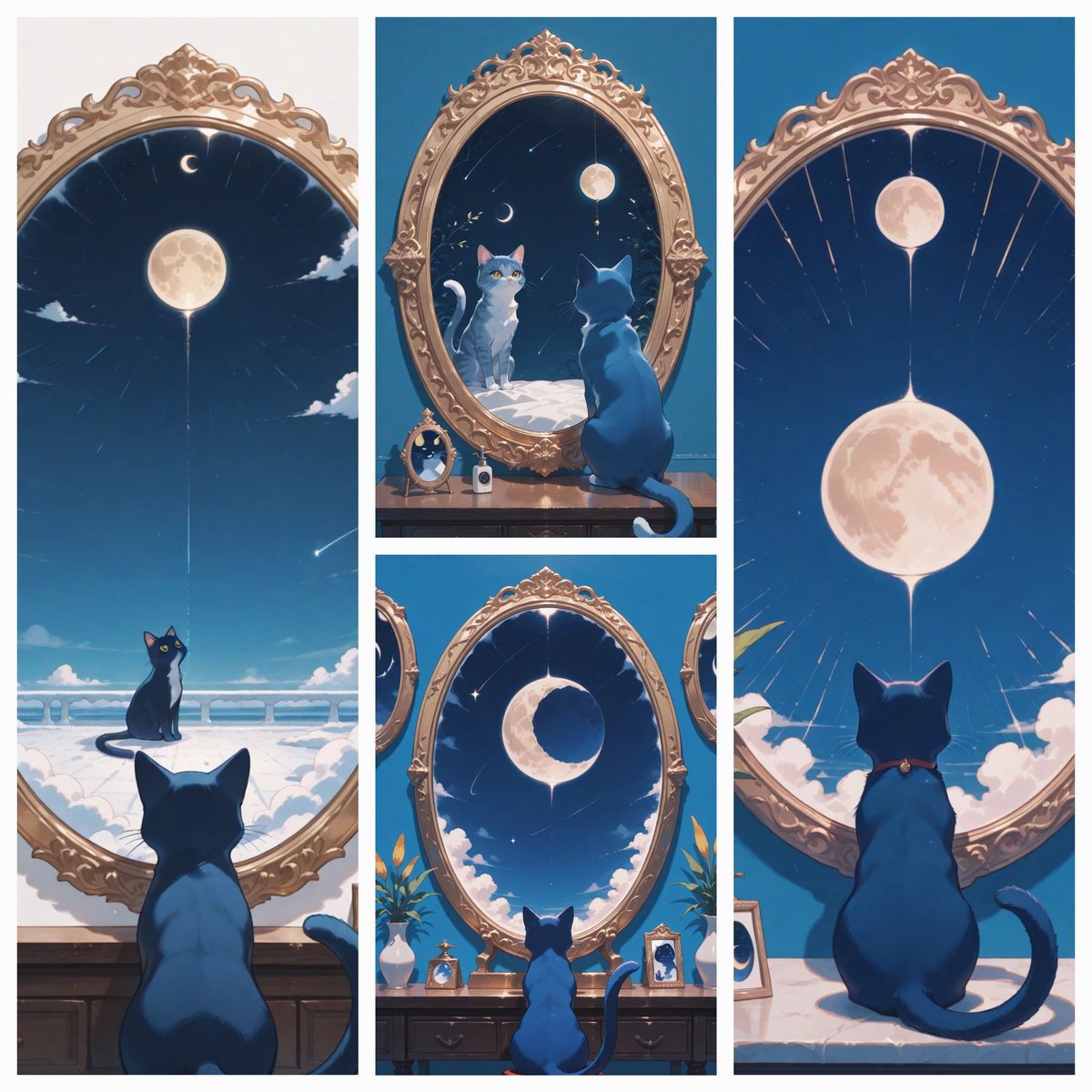 davidchang63809's tweet photo. A moonlit mirror, and a cat lost in a dream.
#AIart #SurrealCat #MoonFantasy #Dreamscape #CelestialVibes #WhimsicalWorld #LunarMagic #MysticalAesthetic #DigitalWhimsy https://t.co/0ByI1itzLv
