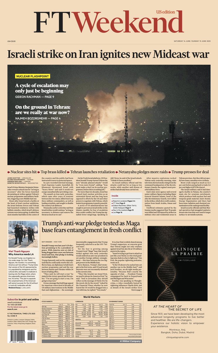 Just published: front page of the Financial Times, international edition, Saturday June 14 on.ft.com/3Tp4D7Q