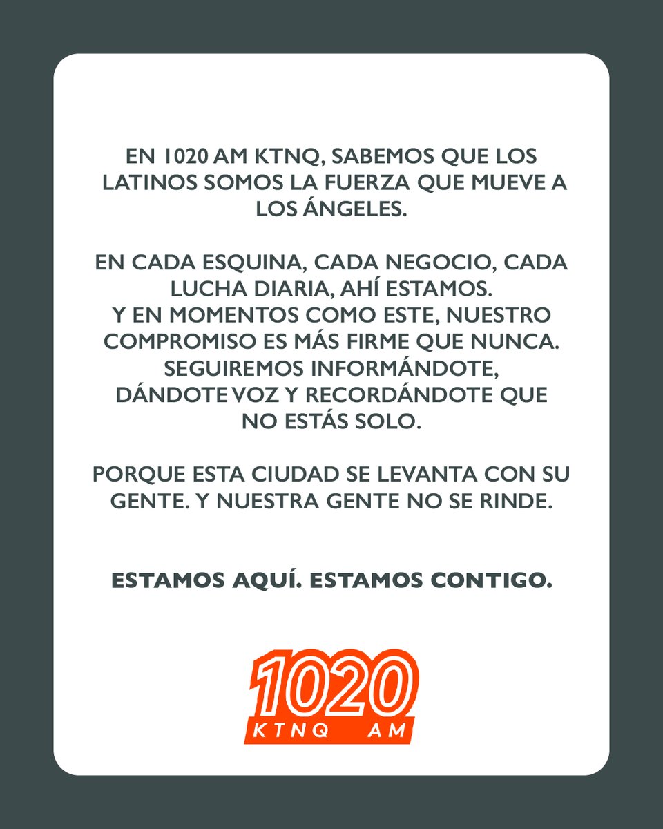 En 1020 AM KTNQ, creemos en la fuerza de nuestra comunidad y en el poder de estar informados. En momentos de incertidumbre, queremos estar más cerca, con información útil, apoyo incondicional y el compromiso de siempre.
#EstamosContigo #KTNQ #KTNQ1020 #LosAngeles