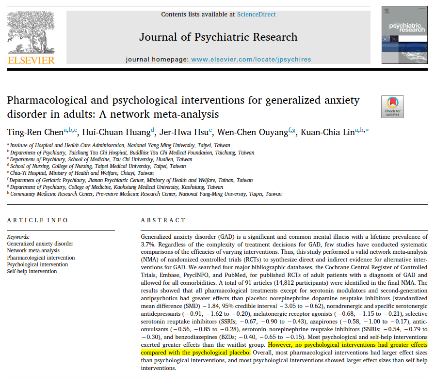 Hiçbir psikoterapi yöntemi yaygın anksiyete bozukluğunu iyileştirmede plasebodan daha etkili değil.