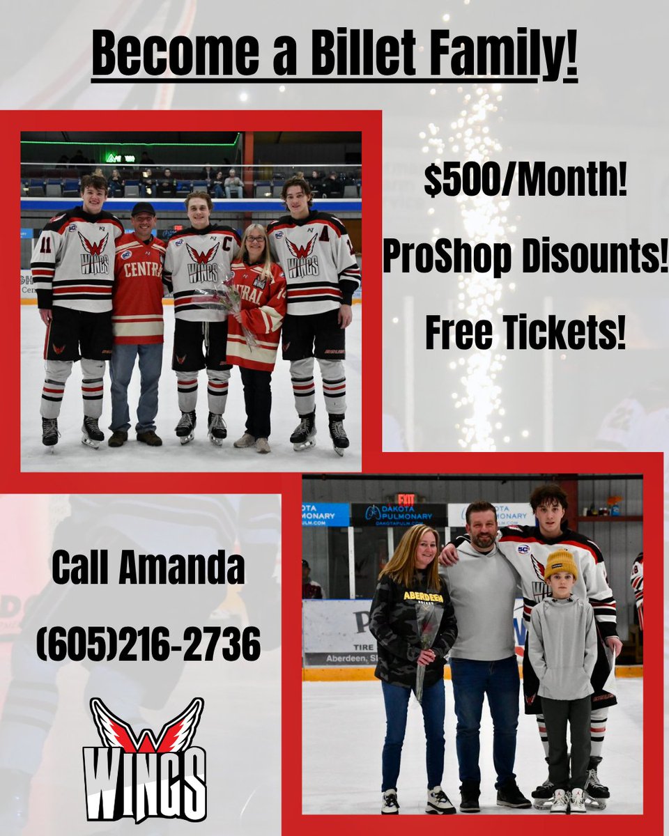 Want to become a part of the #WingsFamily?
Well, here is your chance!
We are looking for BILLET FAMILIES!
Get in contact with Amanda today by calling (605)216-2736
Or check out our website for more information here: aberdeenwings.com/be-a-host-fami…
#WingsWay #NAHL