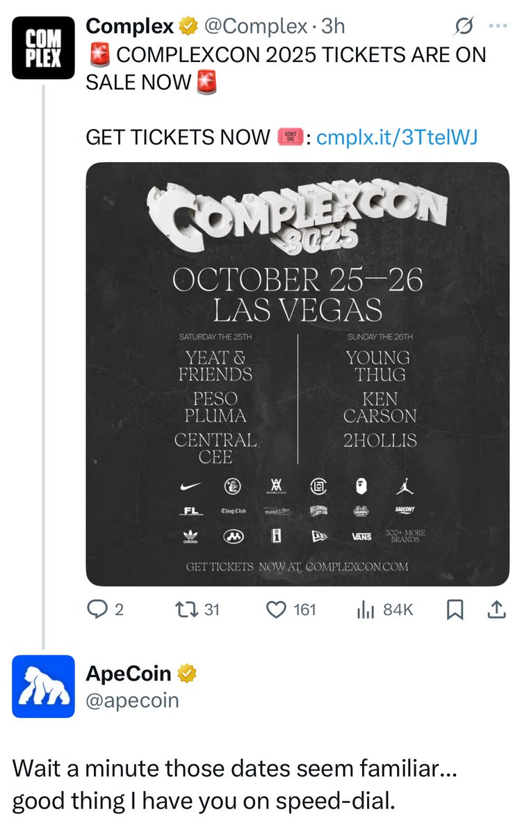 ApeFest + ComplexCon? 🤔 <a href="/apecoin/">ApeCoin</a> intern with the tease.