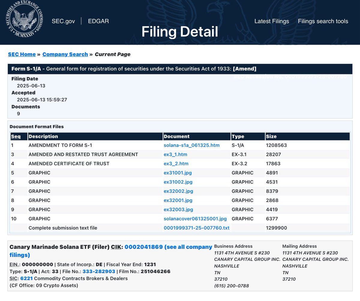 🚨LATEST: Canary has filed an updated version of its Canary Marinade Solana ETF S-1 application .