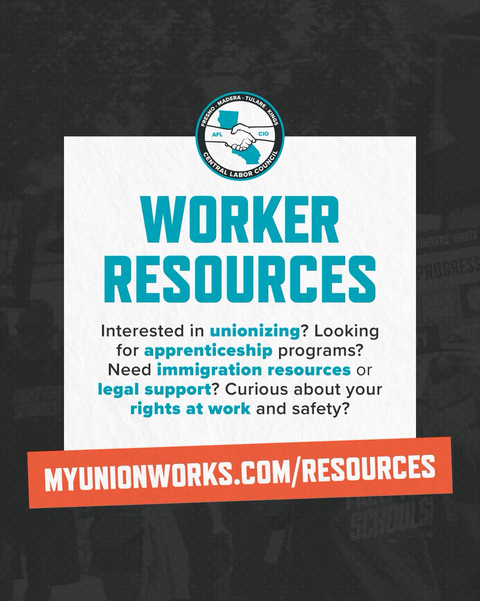 Interested in unionizing? Looking for apprenticeship programs? Need immigration resources or legal support? Curious about your rights at work and safety? We've got you!⁠
⁠
🔗 Visit myunionworks.com/resources/ for worker resources! 
⁠
#Fresno #Madera #Tulare #Kings