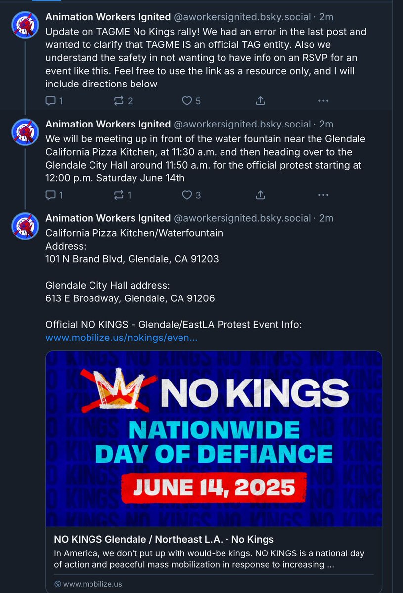 AWorkersIgnited's tweet image. Update on TAGME No Kings rally! We had an error in the last post; TAGME IS an official TAG entity. We fully understand the safety in not wanting to RSVP for an
event like this. Feel free to use the link as a resource only, directions are included in the screenshot from our Bsky