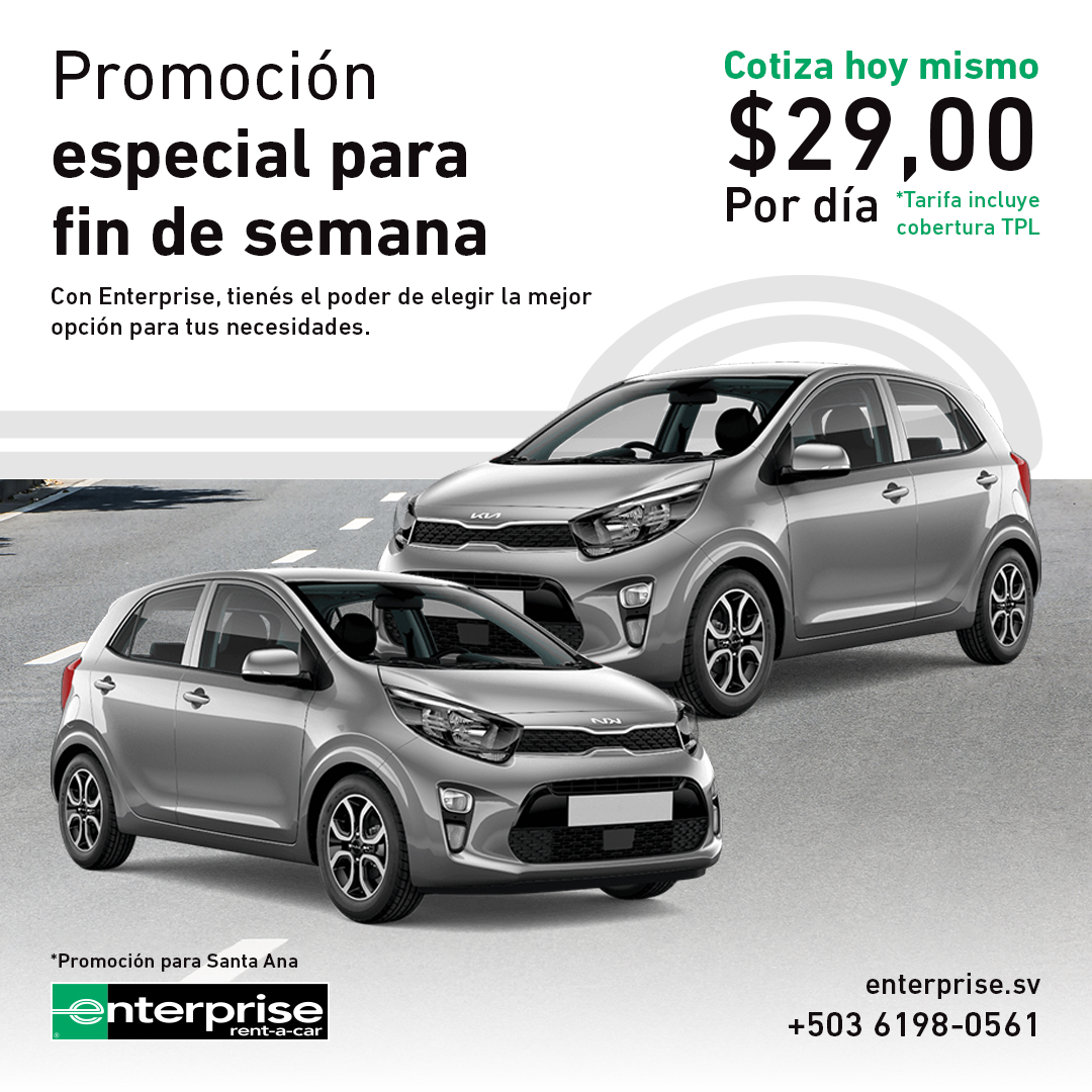 🚗✨ Tu próximo viaje te espera en Enterprise Rent-A-Car
Renta un auto por 6 días y ¡te regalamos 1 día más!
Explorá El Salvador a tu ritmo, con comodidad y sin pagar de más.

📍 Aplican términos y condiciones.
📞 Reservá hoy al +503 2367 8099 o por WhatsApp al 6103-2675
🔗