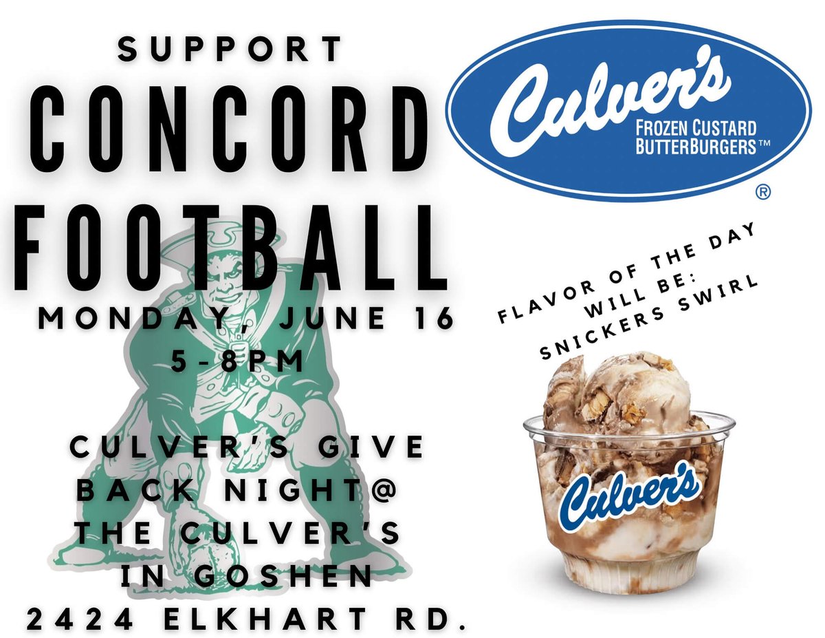 kyoder03's tweet image. Come support the Concord Football Team this Monday 💚🏈💚
As you know we Will not have any home games this season and this money Will help with the food we provide on a Friday and Saturday also on Thursdays games
Let Culvers cook for you Monday!
F5-OH