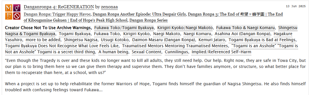 zenonaaa's tweet image. #togafuka fic 💜💚 🌶 NSFW  

Chapter 5! When a project is set up to help rehabilitate the former Warriors of Hope, Togami finds himself the guardian of Nagisa Shingetsu.    

ao3: archiveofourown.org/works/64937485…
tumblr: zenonaa.tumblr.com/post/786272221…