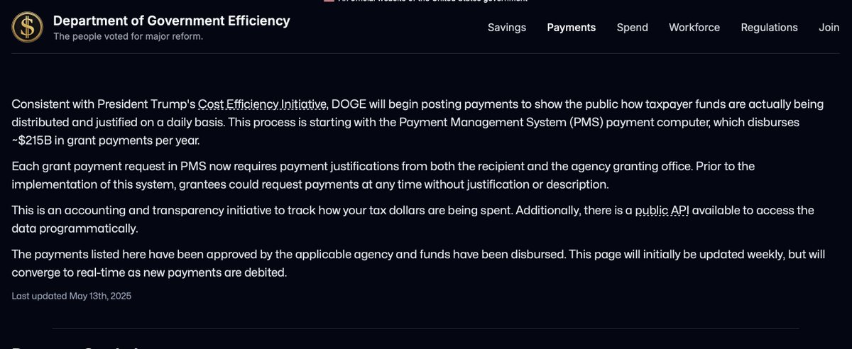 Faiz Siddiqui (@faizsays) on Twitter photo don't look now but the payments tab on DOGE's website hasn't been updated for a full month
"This page will initially be updated weekly, but will converge to real-time as new payments are debited." don't look now but the payments tab on DOGE's website hasn't been updated for a full month
"This page will initially be updated weekly, but will converge to real-time as new payments are debited."