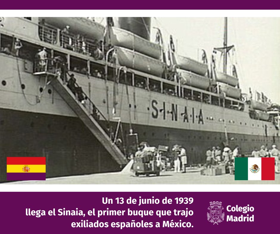 ColegioMadridMX's tweet photo. Un 13 de junio de 1936, a un año del comienzo de la Guerra Civil Española, que inició por un golpe de Estado a la #SegundaRepúblicaEspañola, llegó el #Sinaia, al puerto de #Veracruz con mil 599 pasajeros: 953 hombres, 393 mujeres y 253 niñas y niños.
#MadridBien #ColegioMadridMX https://t.co/bEibIYbRQR