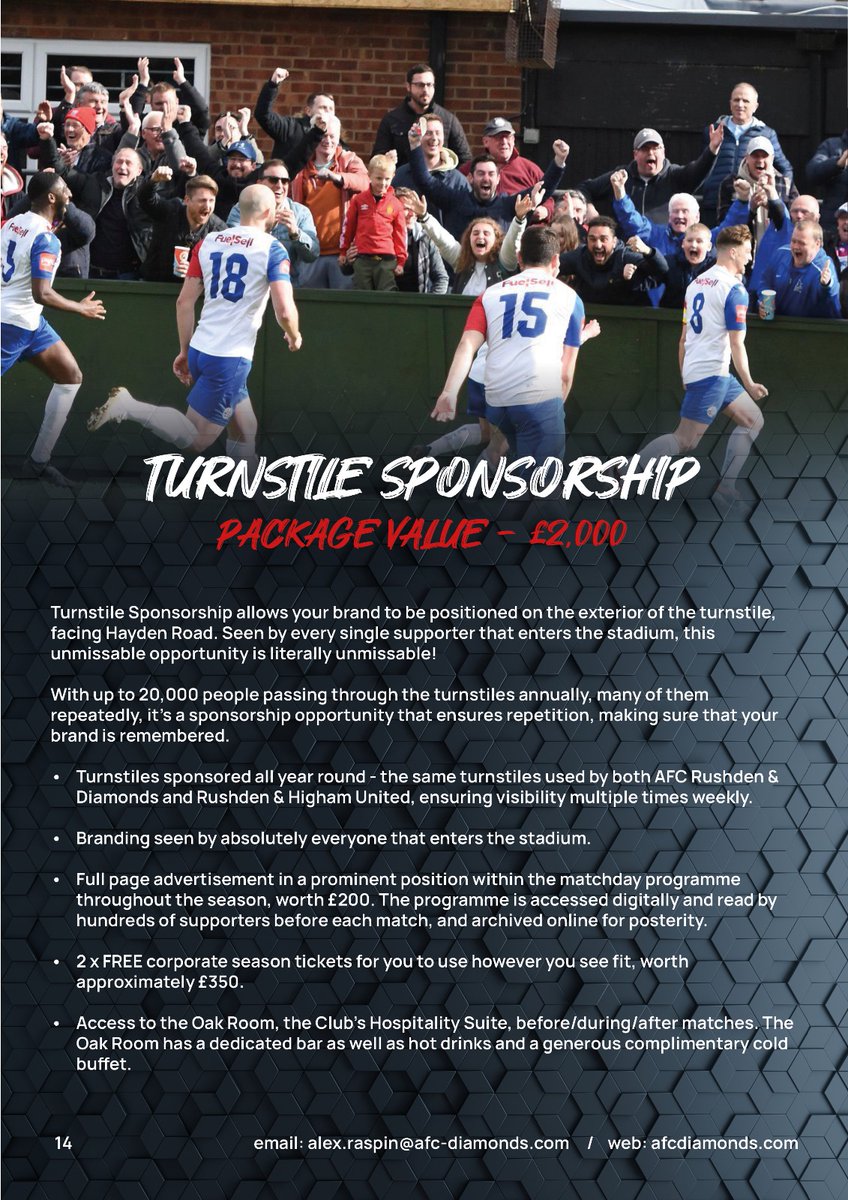 SPONSORSHIP OPPORTUNITY |

Be the first brand fans see as they walk into Hayden Road by becoming our Turnstile Sponsors for the 2025/26 season!

For any company looking to get up to 20,000 people per year guaranteed to see you supporting a community-benefit, volunteer-run club,