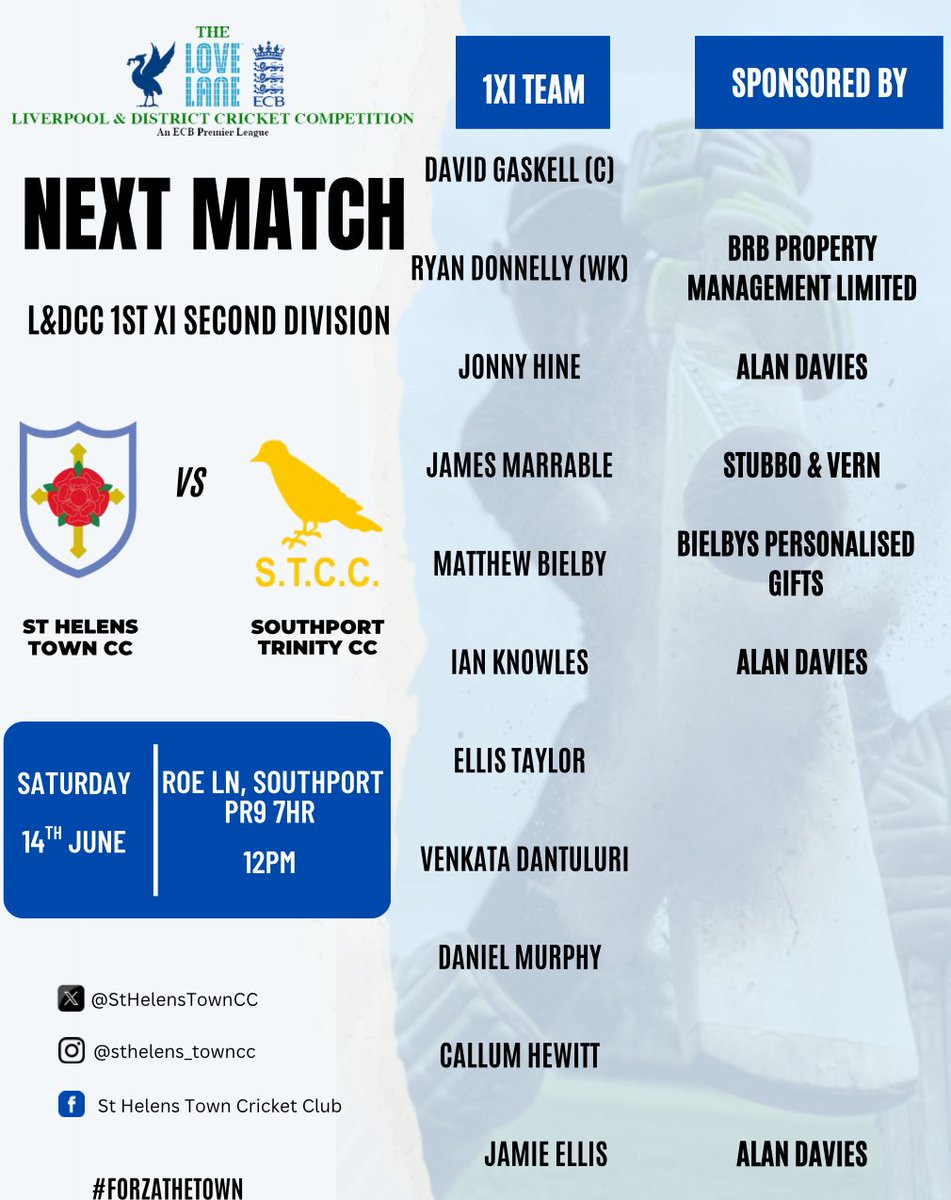 StHelensTownCC's tweet photo. Team news for tomorrows’ matches as our 1st XI travel to @OfficialSTCC and our 2nd XI host neighbours @Sutton_StH_CC 

#ForzaTown https://t.co/HWnPvu5k79