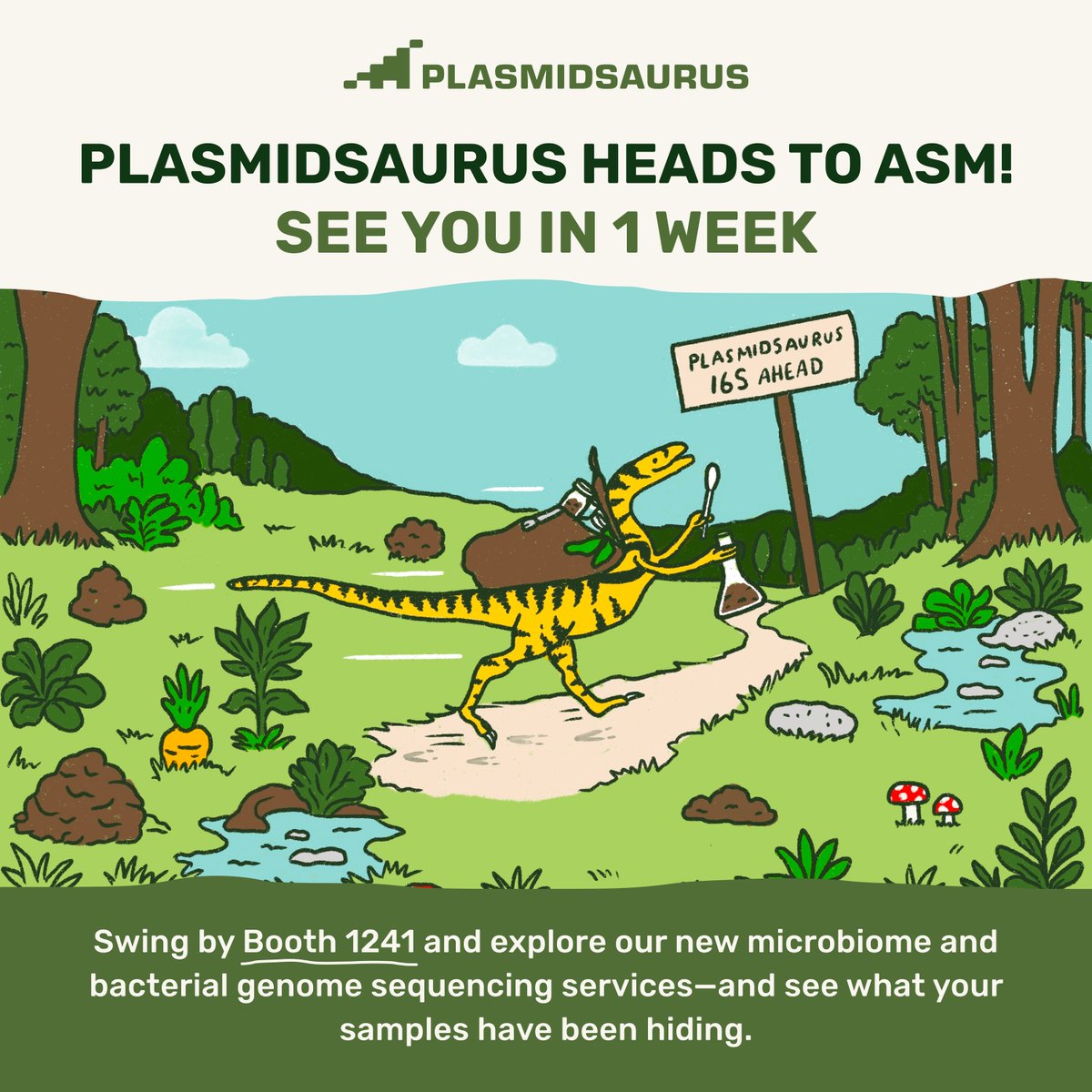 plasmidsaurus's tweet photo. We're heading to ASM next week! 

Come find us at Booth 1241 to check out our new microbiome and bacterial genome sequencing services—and pick up some fun dino swag while you're there! 🦖🎁 https://t.co/1g5dX1Ww5o