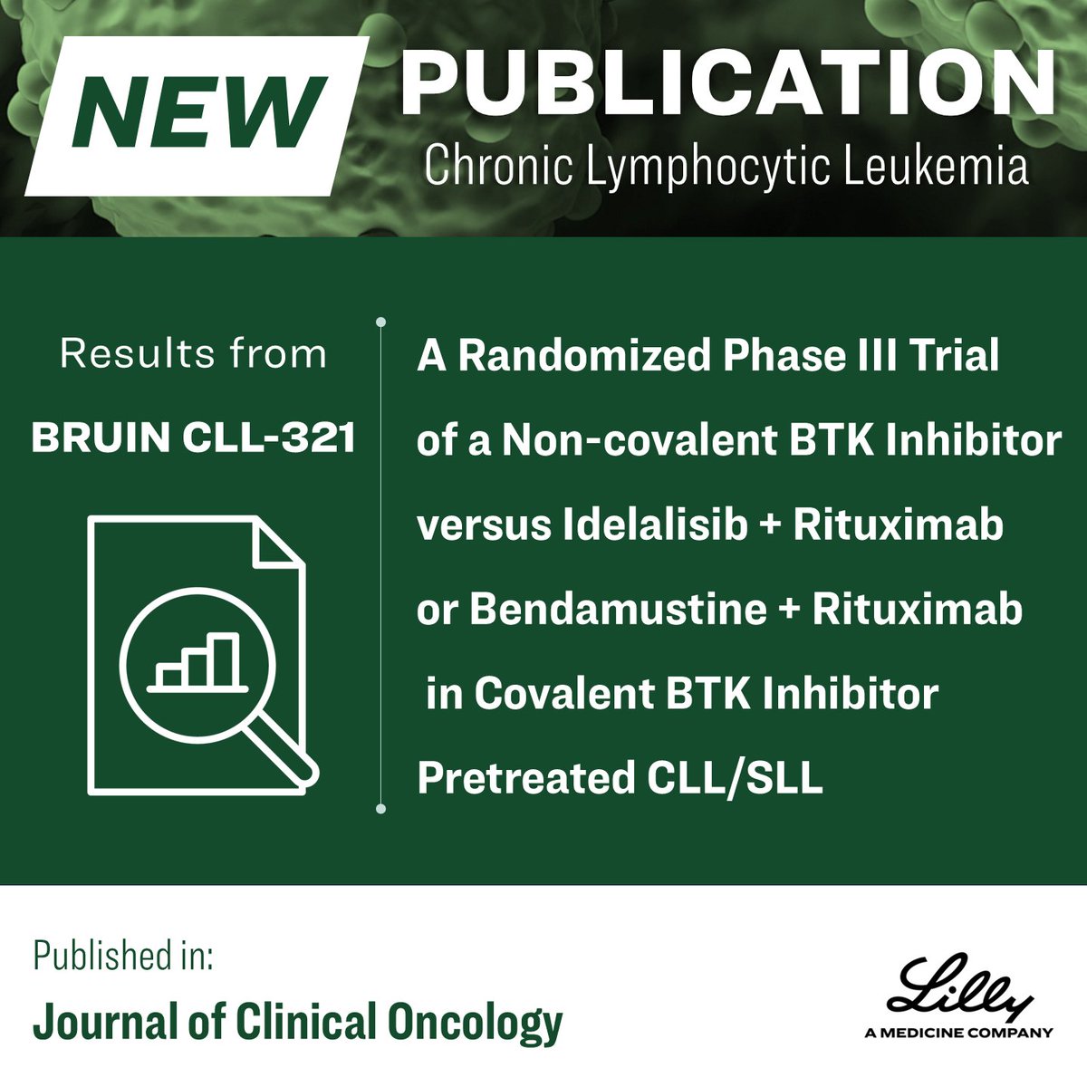 LillyOncMed's tweet image. PUBLISHED in @JCO_ASCO | BRUIN CLL-321:
The first randomized study conducted exclusively in covalent BTKi pretreated #CLL/SLL, evaluating a non-covalent BTKi vs idelalisib/rituximab or bendamustine/rituximab.
Full results and supplemental resources here: e.lilly/4kA96k4