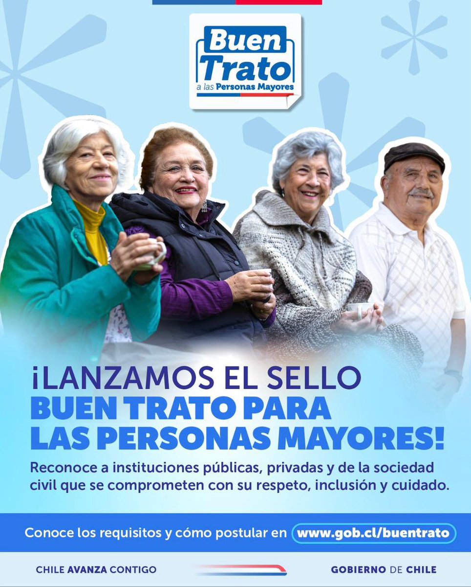 Con el Sello Buen Trato reconocemos a las instituciones públicas, privadas y de la sociedad civil que promueven, difunden y garantizan el respeto, la inclusión y el cuidado adecuado de las personas mayores. Revisa si tu institución cumple en gob.cl/buentrato
