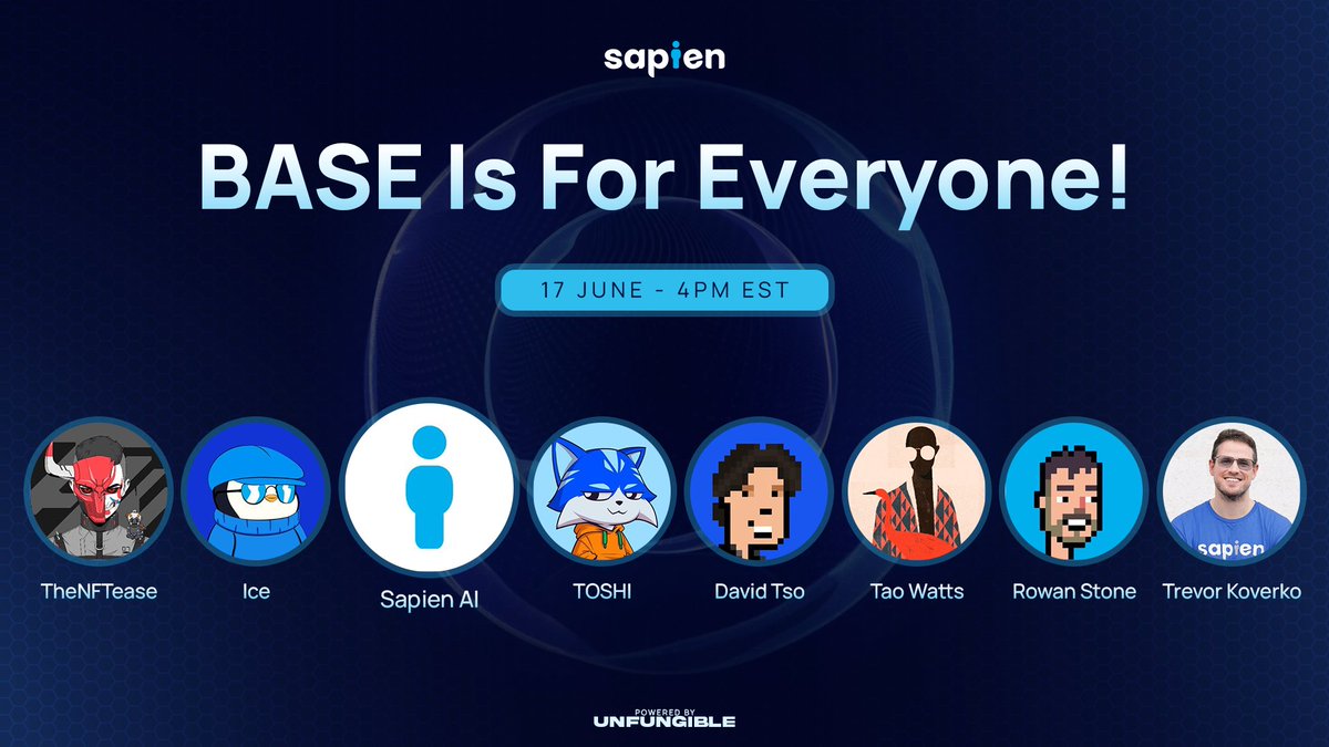 Sapien (@playsapien) on Twitter photo It's been a huge week for <a href="/base/">Base</a>, which is why we’re taking a moment to unpack why Base is for everyone.
Big convo, even bigger lineup:
<a href="/Toshi_base/">TOSHI</a>
<a href="/davidtsocy/">David Tso (dave.base.eth)</a>
<a href="/taowatts/">Tao 🍃</a>
<a href="/RowanRK6/">Rowan 🛡️</a>
<a href="/trevorkoverko/">Trevor Koverko</a> It's been a huge week for <a href="/base/">Base</a>, which is why we’re taking a moment to unpack why Base is for everyone.
Big convo, even bigger lineup:
<a href="/Toshi_base/">TOSHI</a>
<a href="/davidtsocy/">David Tso (dave.base.eth)</a>
<a href="/taowatts/">Tao 🍃</a>
<a href="/RowanRK6/">Rowan 🛡️</a>
<a href="/trevorkoverko/">Trevor Koverko</a>