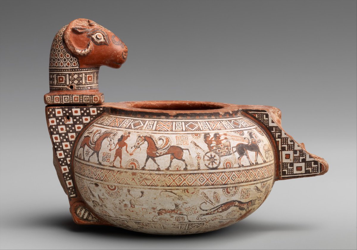 Cosmetic jar in the shape of a ram, Greek, 6th century BC. Currently on display at The Metropolitan Museum of Art.