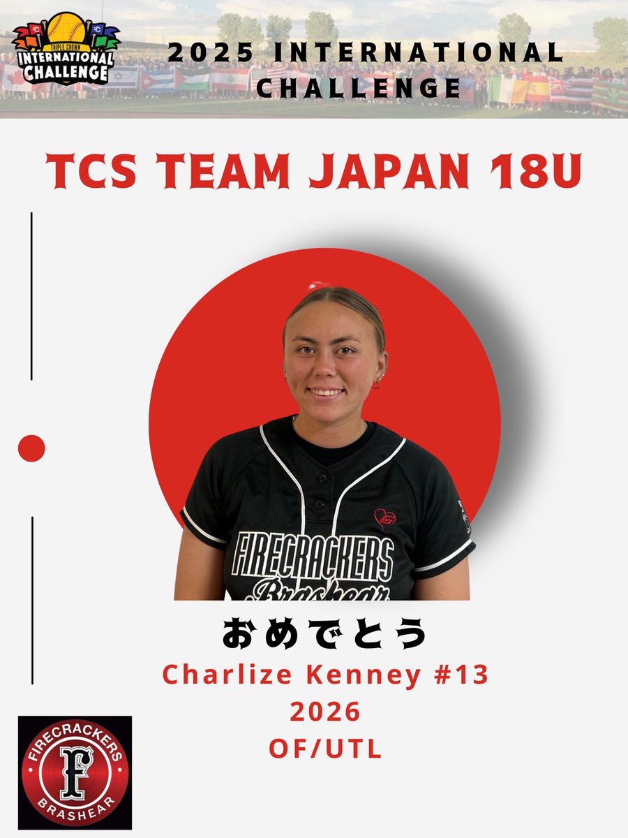 TCTeamJapan18u's tweet photo. We would like to welcome back Charlize Kenney, for her second year with us. She is an uncommitted 2026, OF/UTL with a 4.1 GPA! #Team5 @CharlizeKenney https://t.co/Xl0JoIIxTl