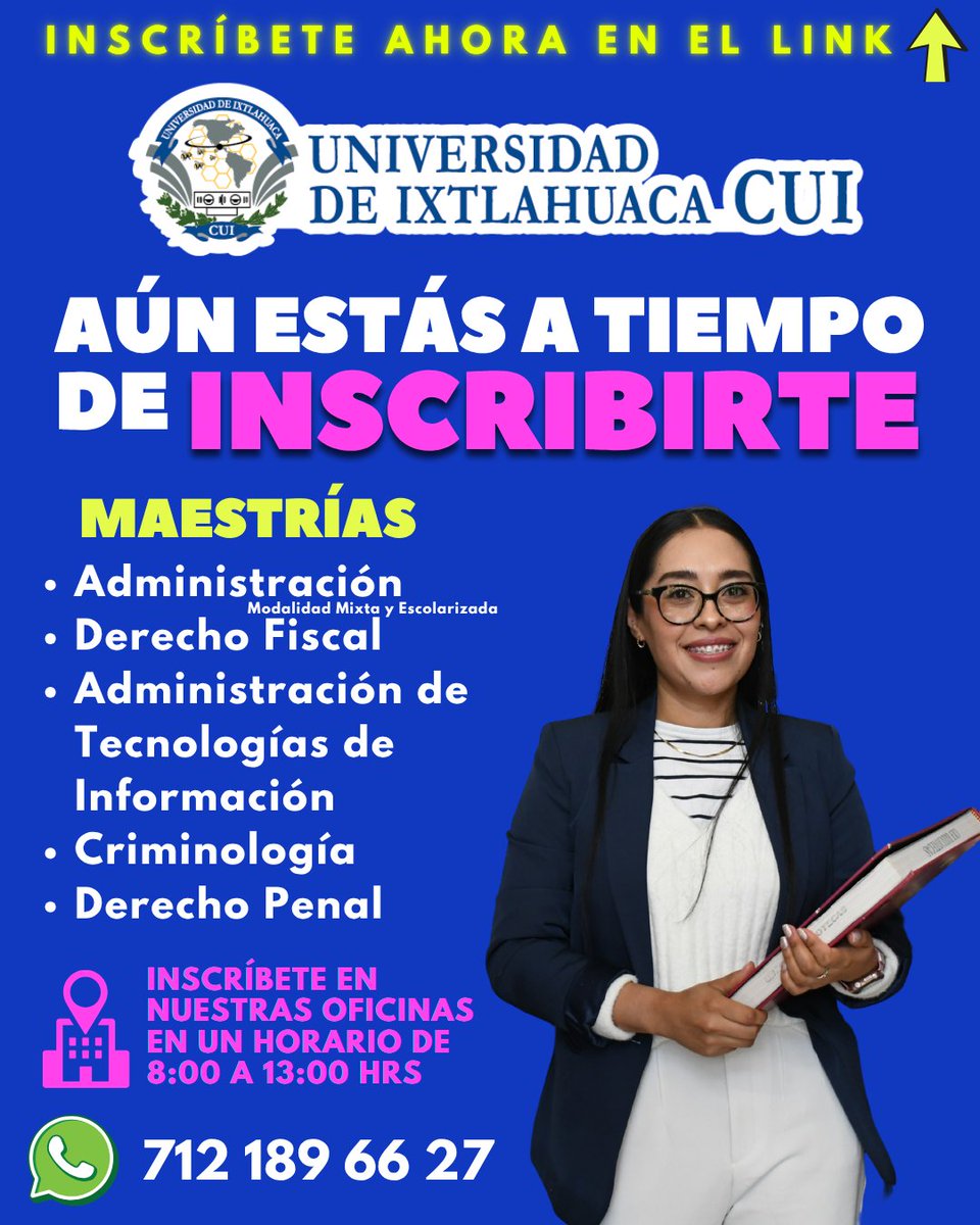 🎉 Última oportunidad para mejorar tu futuro: ¡Actualiza tu C.V. este año! 

Inscríbete a las Maestrías en la Universidad de Ixtlahuaca CUI:

📅 2 años, clases solo sábados
👨‍🏫 Docentes expertos
💵 Colegiaturas accesibles

Inscríbete aquí: f.mtr.cool/rqahkttubk