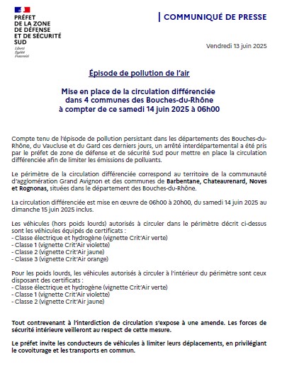 #Pollution de l'air | Compte tenu de l’épisode de pollution persistant dans les #BouchesduRhone, du #Vaucluse et du #Gard ces derniers jours, @prefet13, a décidé la mise en place de la circulation différenciée afin de limiter les émissions de polluants.

🛣️Périmètre : territoire