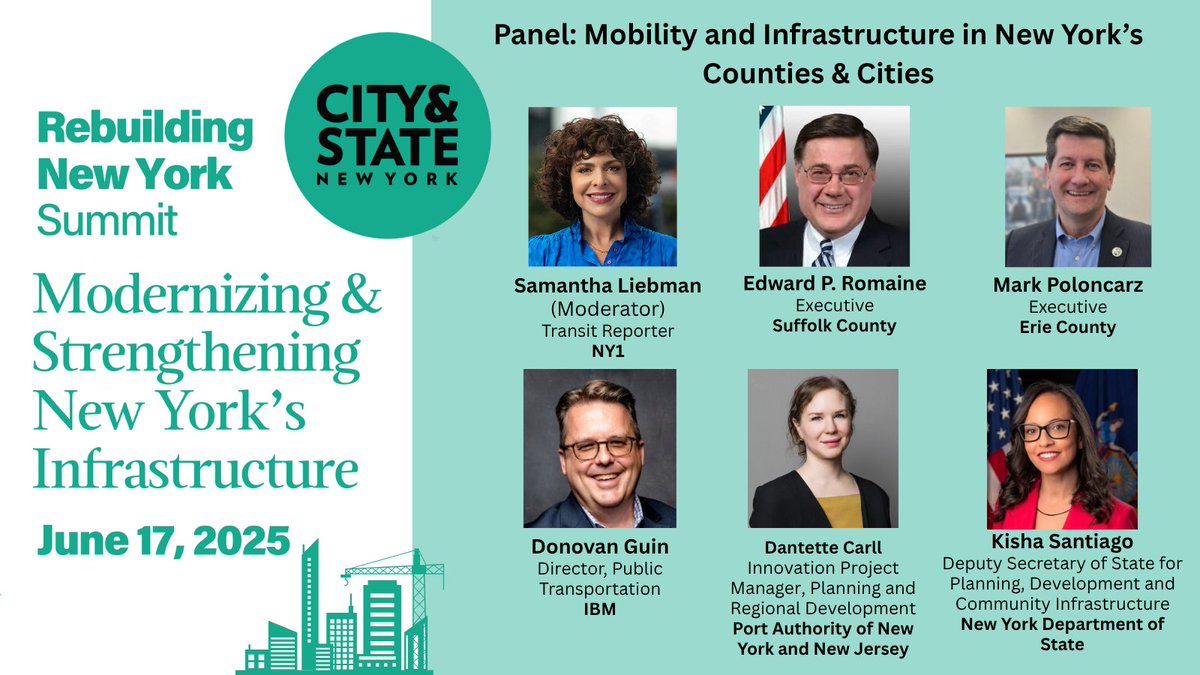 CSNY_Events's tweet image. At the 2025 Rebuilding New York Summit, local leaders tackle transit, broadband, climate resilience & more in the Mobility & Infrastructure panel.
@SamiLiebman @markpoloncarz @PANYNJ @IBM
🗓️ June 17 |🔗Register: events.cityandstate.com/2025-rebuildin…