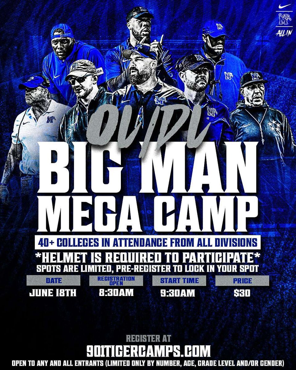 Xavier74S's tweet image. I will be attending the OL/ DL Big Man mega camp at the University of Memphis. I can’t wait to compete.
@coachlit99 @CoachBelew7 @joshharrisTN @RSilverfield @HankinsJordon @CoachJoeCauthen @WCPioneerFB