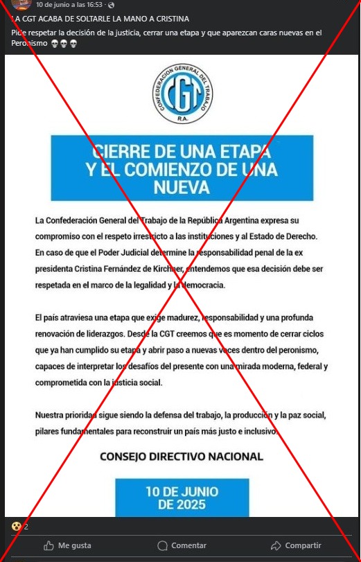 AFP Factual 🔎 (@afpfactual) on Twitter photo 🇦🇷❌ Es falso el supuesto comunicado de la @CGToficialok que avala la condena a la expresidenta <a href="/CFKArgentina/">Cristina Kirchner</a> y pide “abrir paso a nuevas voces dentro del peronismo”.
La CGT, en realidad, repudió el fallo y se solidarizó con la exmandataria.
➡️ u.afp.com/CGTKirchner 🇦🇷❌ Es falso el supuesto comunicado de la @CGToficialok que avala la condena a la expresidenta <a href="/CFKArgentina/">Cristina Kirchner</a> y pide “abrir paso a nuevas voces dentro del peronismo”.
La CGT, en realidad, repudió el fallo y se solidarizó con la exmandataria.
➡️ u.afp.com/CGTKirchner