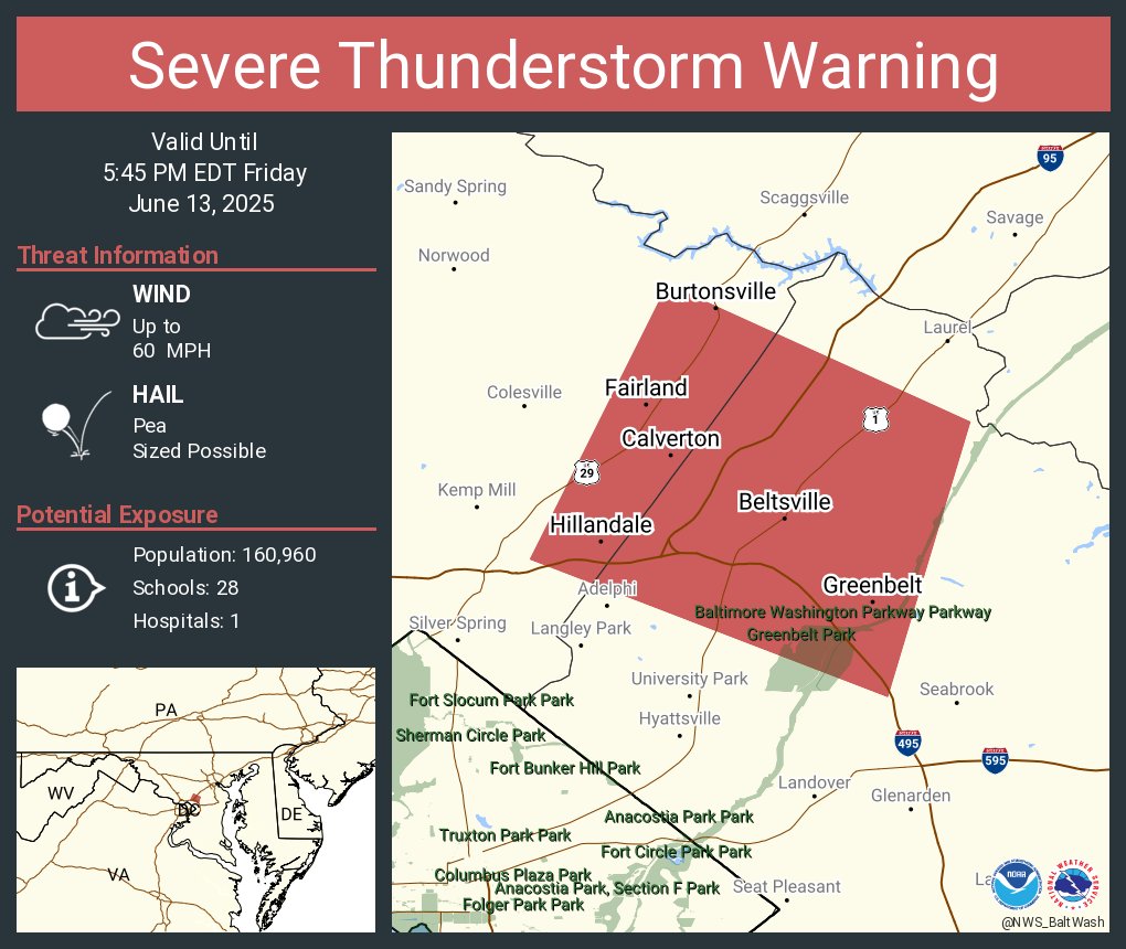 Severe Thunderstorm Warning including Fairland MD, Greenbelt MD and  Calverton MD until 5:45 PM EDT