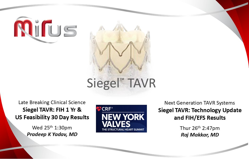 MiRus (@mirusmed) on Twitter photo MiRus is proud to share groundbreaking Siegel™ TAVR data at #NewYorkValves2025!
🗓 Wed 25 | 1:30 PM
<a href="/PradeepYadavMD/">Pradeep Yadav</a>: 1-Yr FIH and 30-Day U.S. Feasibility Results
🗓 Thurs 26 | 2:47 PM
Dr. Makkar: Tech Update on FIH & EFS Results
#MiRusMoRe #SiegelTAVR #CRF2025 #NextGenTAVR MiRus is proud to share groundbreaking Siegel™ TAVR data at #NewYorkValves2025!
🗓 Wed 25 | 1:30 PM
<a href="/PradeepYadavMD/">Pradeep Yadav</a>: 1-Yr FIH and 30-Day U.S. Feasibility Results
🗓 Thurs 26 | 2:47 PM
Dr. Makkar: Tech Update on FIH & EFS Results
#MiRusMoRe #SiegelTAVR #CRF2025 #NextGenTAVR