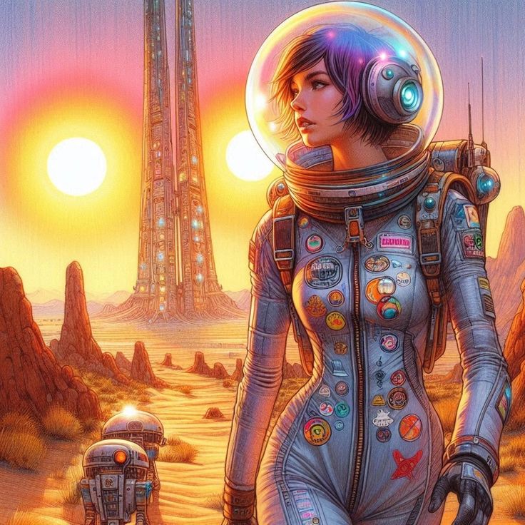Twin suns over the spires, Planet Tau #SpaceGirl