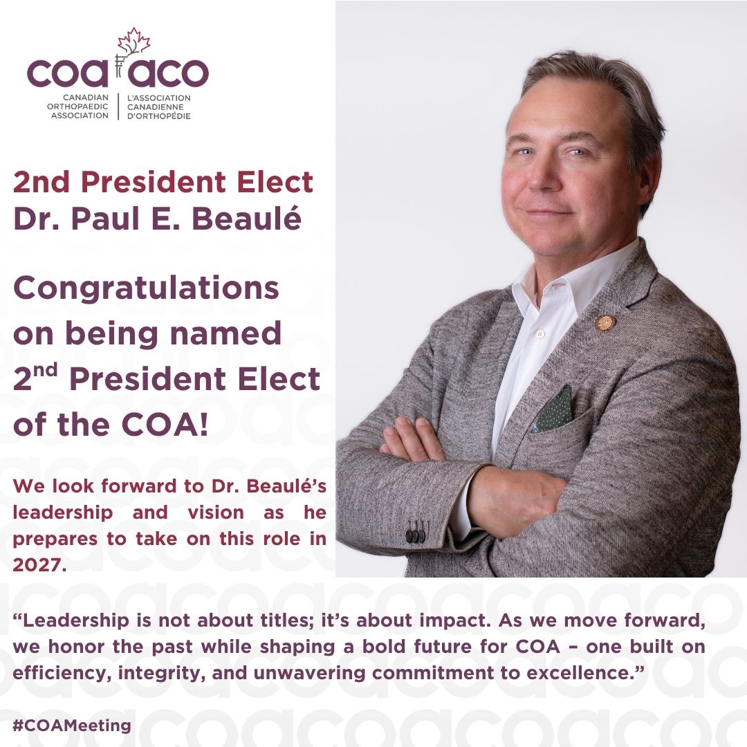 CdnOrthoAssoc's tweet image. Congratulations to Dr. Paul Beaulé on being named the 2nd President Elect of the Canadian Orthopaedic Association for the 2027–2028 term.
Dr. Beaulé currently serves as Chief of Staff at the Hawkesbury and District General Hospital and is a Professor of Surgery at the University…