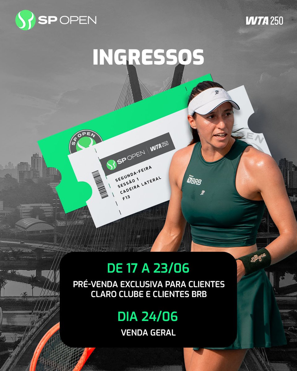 Falta pouco para as vendas de ingresso do SP Open 2025! ✨

➡️ Pré-venda para clientes Claro e BRB: de 17 e 23 de junho, às 11h
➡️ Venda geral: a partir do dia 24, às 11h.
🎟️ Ingressos à venda somente em: eventim.com.br/sp-open
💻 Mais informações: spopenwta.com.br