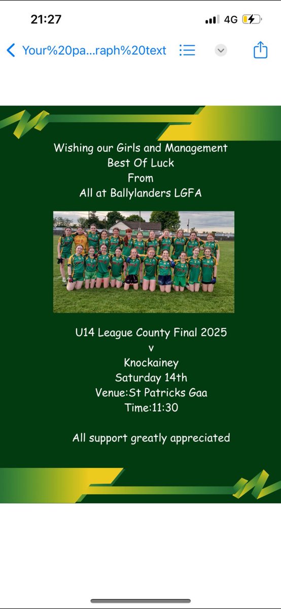 Wishing the very best of luck to our under 14s girls and Management tomorrow 👏👏🟡🟢🟡🟢