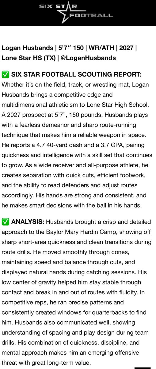 Logan Husbands (@loganhusbands) on Twitter photo Thank you <a href="/sixstarfootball/">Six Star Football | PLUS+</a> for the analysis from the <a href="/CruFootball/">UMHB Football🏈</a> camp and thank you for the kind words can’t wait to keep working. <a href="/ColeBice3/">Cole Bice</a>, <a href="/Coach_TrippM/">Tripp Mitchell</a> <a href="/coachmcarey/">Mark Carey</a> <a href="/CoachJRayburn/">Jeff Rayburn</a> <a href="/twilsongog/">Travis Wilson</a> <a href="/drkharp/">Kelly Withee Harper</a> <a href="/LSHS_FBRecruits/">Lone Star HS Football Recruiting</a> <a href="/Brett_Gilchrist/">Brett Gilchrist</a> <a href="/Woods_Fit/">D'Juan Woods</a> <a href="/KyleMossakowski/">CoachMoss</a> Thank you <a href="/sixstarfootball/">Six Star Football | PLUS+</a> for the analysis from the <a href="/CruFootball/">UMHB Football🏈</a> camp and thank you for the kind words can’t wait to keep working. <a href="/ColeBice3/">Cole Bice</a>, <a href="/Coach_TrippM/">Tripp Mitchell</a> <a href="/coachmcarey/">Mark Carey</a> <a href="/CoachJRayburn/">Jeff Rayburn</a> <a href="/twilsongog/">Travis Wilson</a> <a href="/drkharp/">Kelly Withee Harper</a> <a href="/LSHS_FBRecruits/">Lone Star HS Football Recruiting</a> <a href="/Brett_Gilchrist/">Brett Gilchrist</a> <a href="/Woods_Fit/">D'Juan Woods</a> <a href="/KyleMossakowski/">CoachMoss</a>