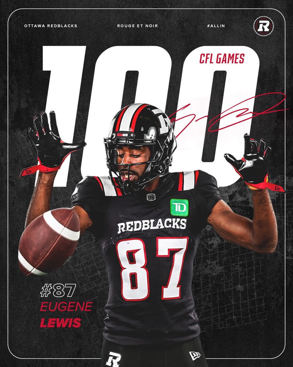 Ottawa REDBLACKS (@redblacks) on Twitter photo Friday is a big night for <a href="/GENOALLDAY7/">Geno Lewis</a> - not only playing in his 100th game, but also the opportunity to become the second player in league history with a touchdown catch in 10 consecutive games.
"Everything that Iโm doing right now, Iโm grateful to be doing it as a REDBLACK,โ Friday is a big night for <a href="/GENOALLDAY7/">Geno Lewis</a> - not only playing in his 100th game, but also the opportunity to become the second player in league history with a touchdown catch in 10 consecutive games.
"Everything that Iโm doing right now, Iโm grateful to be doing it as a REDBLACK,โ