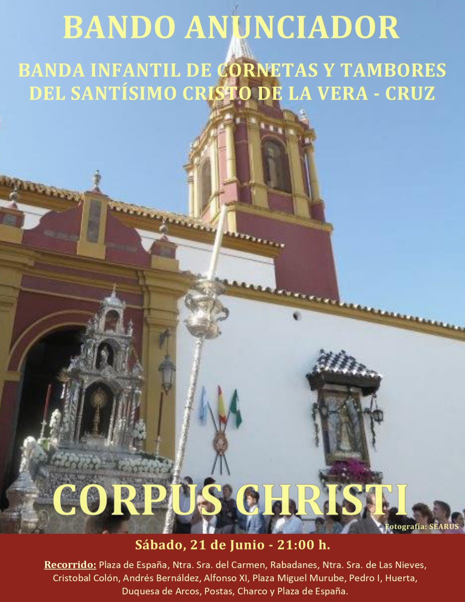 🗓️ El próximo domingo, 22 de junio, participaremos en el Corpus Christi de nuestra localidad.

Además, nuestra banda infantil participará en la noche del día antes en el bando anunciador del mismo.

ℹ️ Más información en los carteles.

#SerDeVeraCruz 💜