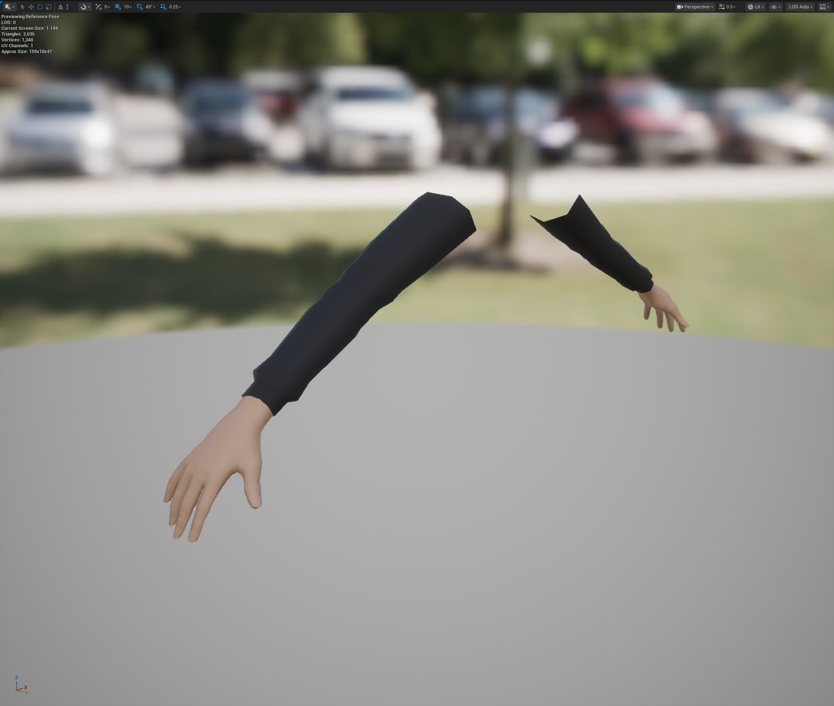 UpCastAlex's tweet photo. Here is in early version of the FPS Arms.

Shout out to Scribbletoad on Sketchfab for their low-poly hand model, I used that as a base to model the arms and tweaked the hands in order to get a smooth bend at the fingers.

The arms and hands were rigged with Rigify in blender. https://t.co/Q0k97G4vnW