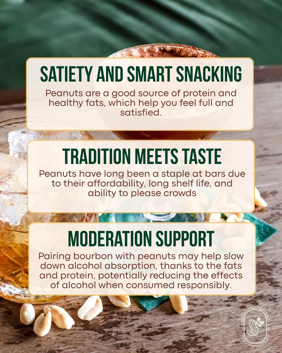 #NationalBourbonDay is tomorrow and your snack choice matters. 🥃🥜 

Peanut offer more than just crunch. They bring flavor balance, texture, satiety, and even help slow alcohol absorption. Here are six reasons why this pairing works so well.  

#NCPeanuts #PerfectPairings