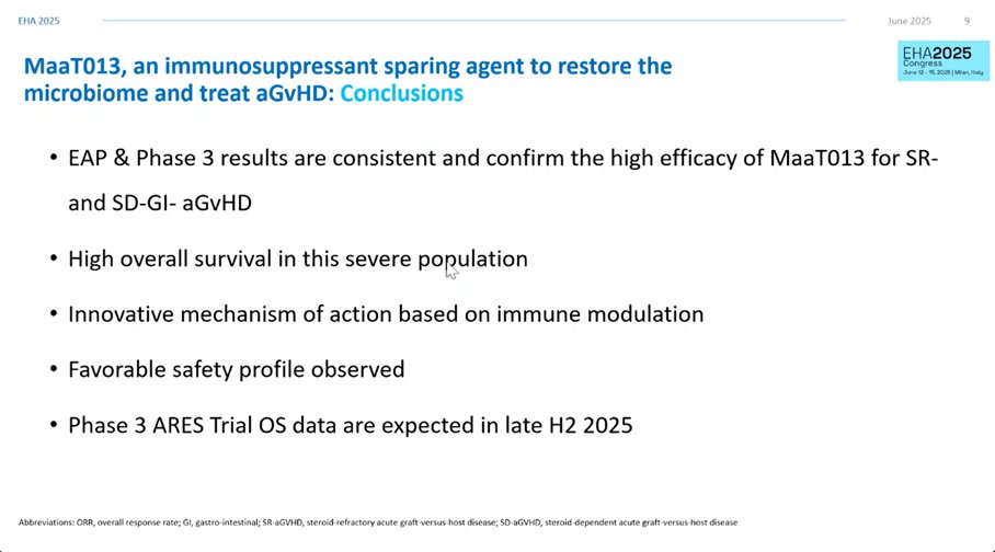 GvHD Hub (@gvhd_hub) on Twitter photo CONGRESS | #EHA25 | PRESENTATION
Mohamad Mohty <a href="/Mohty_EBMT/">Mohamad Mohty</a> <a href="/HopSaintAntoine/">Hôpital Saint-Antoine AP-HP</a> shares results from patients with refractory GI-aGvHD treated with MaaT013, a pooled fecal allogenic microbiotherapy, in a European EAP (n = 173).
▪️ MaaT013 was safe and highly efficacious (Day-28 GI-ORR CONGRESS | #EHA25 | PRESENTATION
Mohamad Mohty <a href="/Mohty_EBMT/">Mohamad Mohty</a> <a href="/HopSaintAntoine/">Hôpital Saint-Antoine AP-HP</a> shares results from patients with refractory GI-aGvHD treated with MaaT013, a pooled fecal allogenic microbiotherapy, in a European EAP (n = 173).
▪️ MaaT013 was safe and highly efficacious (Day-28 GI-ORR