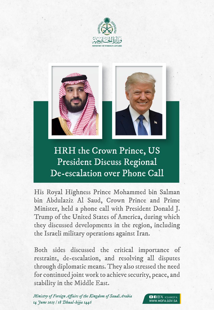 KSAmofaEN's tweet photo. 🇸🇦📞🇺🇸 | HRH Crown Prince Mohammed bin Salman held a phone call with President Donald J. Trump of the United States of America. https://t.co/PnjwavXr5B