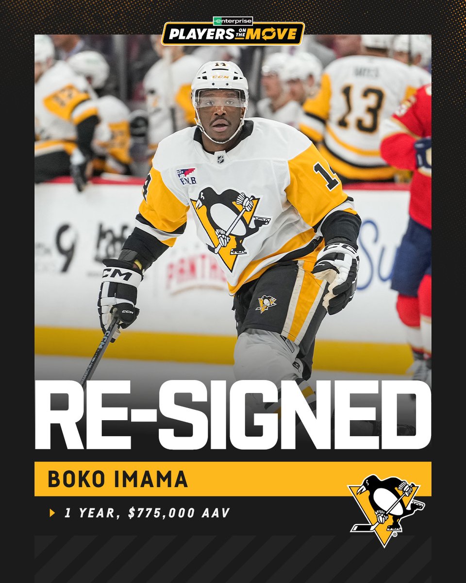 penguins's tweet image. The Penguins have re-signed forward Boko Imama to a one-year contract.

The contract will run through the 2025.26 campaign and carries an average annual value of $775,000 at the NHL level.

Details: pens.pe/3HGx3rp