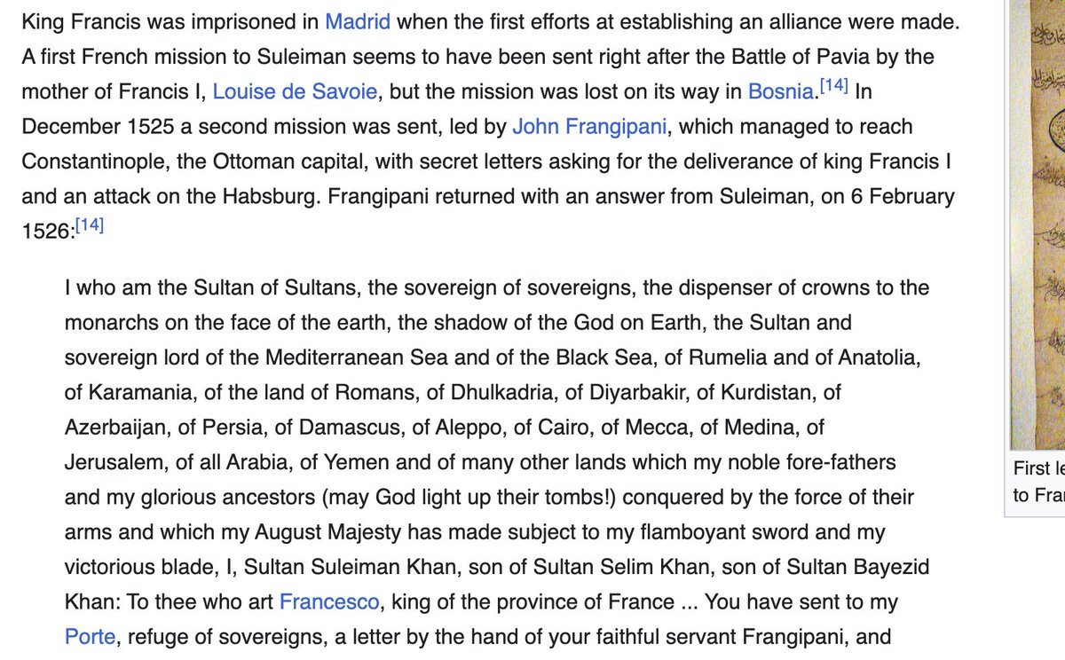 This one of the insanest beginnings to a letter in history, so insane, in fact, that it is charming. 
Sultan Suleiman writing in 1526 to French King Francois I.